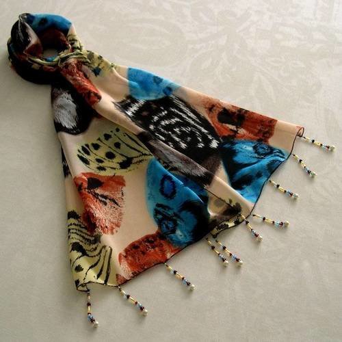 Foulard décoré de perles, écharpe légère, accessoires femme, marron, bleu et orange, motif papillons 038