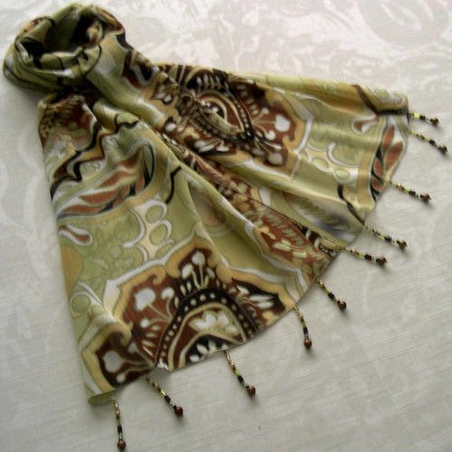 Foulard décoré de perles, écharpe légère, accessoires femme, cadeau, marron, beige, kaki, motif oriental 133