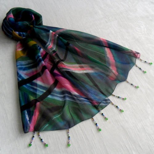 Foulard décoré de perles, écharpe légère, accessoires femme, bleu, rose, noir et jaune, motif abstrait 249