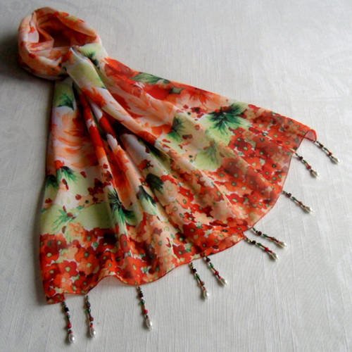 Foulard décoré de perles, écharpe légère, accessoires femme, cadeau, blanc, rouge, orange et vert, motif fleuri 250