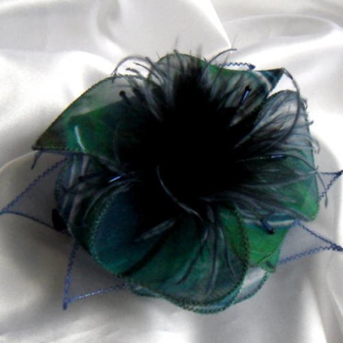 Barette fleur en tissu, organza, plumes et perles, accessoires coiffure, mariage, fête, cadeau, bleu et vert, 249