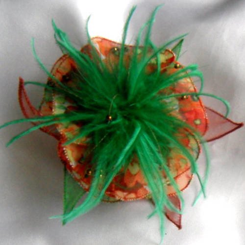 Broche fleur en tissu,organza, plumes et perles, accessoires femme, mariage, cadeau, vert et orange, 250