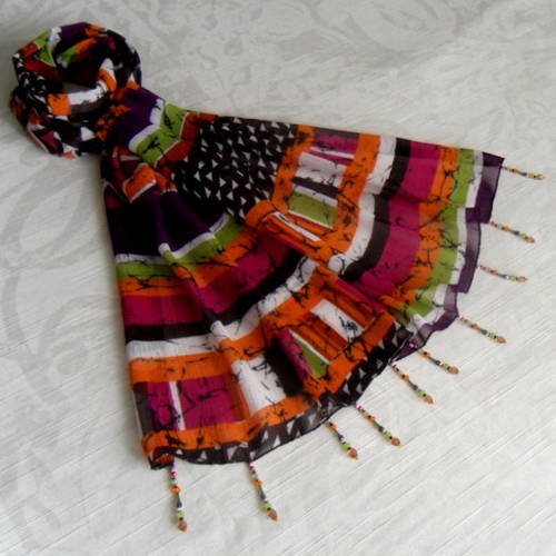 Foulard décoré de perles, écharpe légère, accessoires femme, cadeau, orange, marron, violet, vert, motif fantaisie 246
