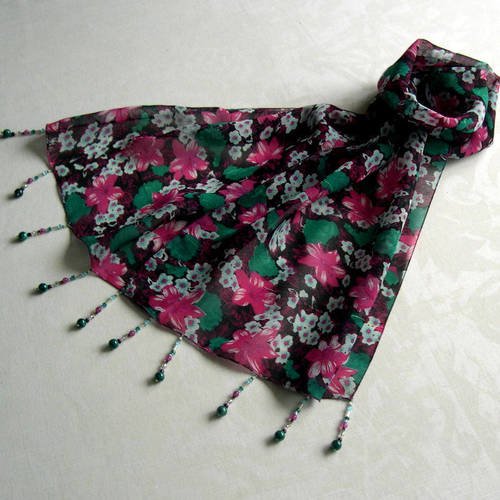 Foulard décoré de perles, écharpe légère, accessoires femme, cadeau, noir, vert et rose, motif fleurs 112