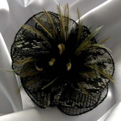 Barette fleur en tissu, plumes et perles, accessoires coiffure, mariage, cadeau, vert et noir, 123