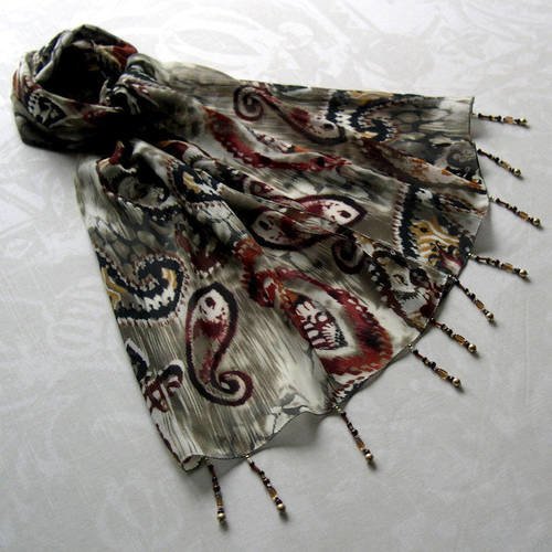 Foulard décoré de perles, écharpe légère, accessoires femme, marron, blanc et gris, motif oriental 118