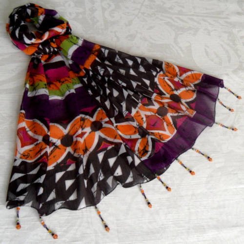 Foulard décoré de perles, écharpe légère,  accessoires femme, orange, marron, violet, vert, motif fantaisie 246
