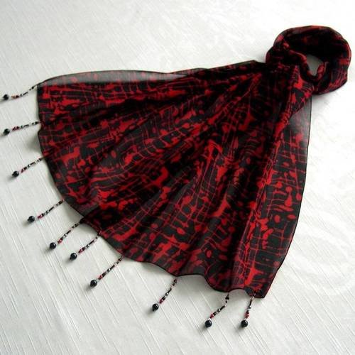 Foulard décoré de perles, écharpe légère, accessoires femme, rouge et noir, motif abstrait 124