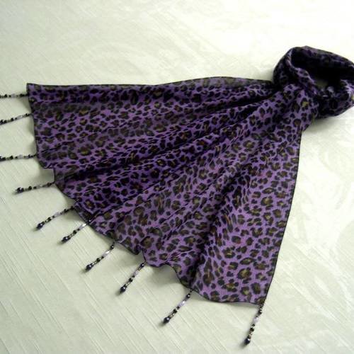 Foulard décoré de perles, écharpe légère, accessoires femme, cadeau, noir et violet, motif léopard 110