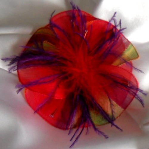 Barette fleur en tissu, plumes et perles,  accessoires coiffure, mariage, cadeau, orange et rouge, 244