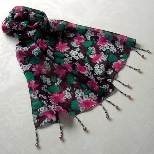Foulard décoré de perles, écharpe légère, cadeau, accessoires femme, noir, vert et rose, motif fleurs 112
