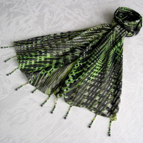 Foulard décoré de perles, écharpe légère,accessoires femme, noir, gris et vert, motif abstrait 254