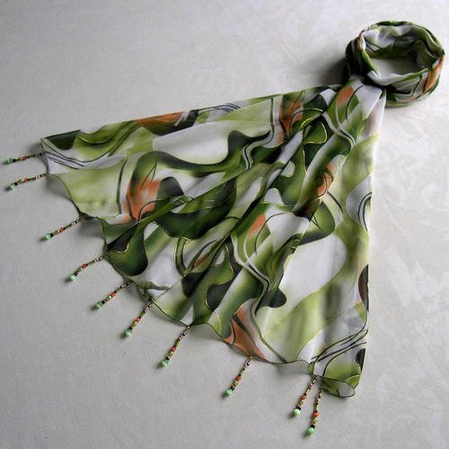 Foulard décoré de perles, écharpe légère, accessoires femme, foulard vert, blanc et orange, motif abstrait, 116