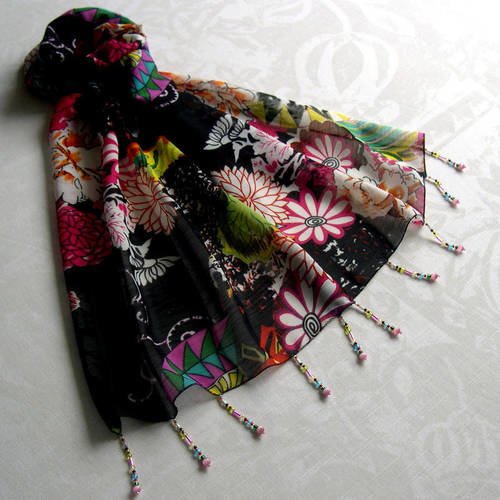 Foulard décoré de perles, écharpe légère, accessoires femme, noir et multicolore, motif fleuri, 113