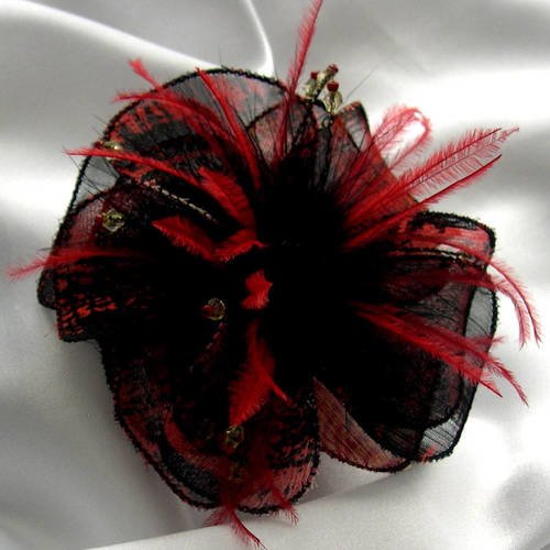 Barette fleur en tissu, plumes et perles, accessoires coiffure, mariage, cadeau, noir et rouge, 109