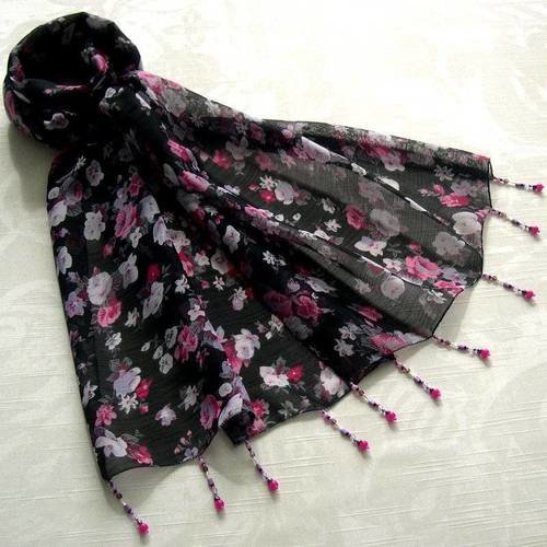 Foulard décoré de perles, écharpe légère, cadeau, accessoires femme, noir, rose et gris, motif fleurs, 126