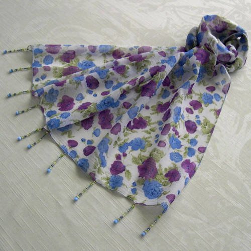 Foulard décoré de perles, écharpe légère, accessoires femme, blanc, bleu, violet, vert,  motif fleurs 107