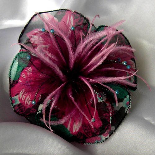 Barette fleur en tissu, plumes et perles, accessoires coiffure, mariage, cadeau, noir, rose et vert 112