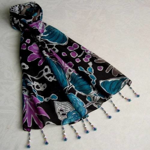 Foulard décoré de perles, écharpe légère, cadeau, accessoires femme, marron, bleu et rose, motif fleurs 227