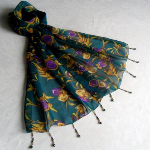Foulard décoré de perles, écharpe légère, accessoires femme, vert, jaune et violet,  motif fleuri 240