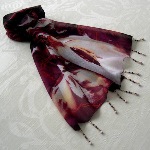 Foulard décoré de perles, écharpe légère,  accessoires  femme,  cadeau, bordeaux et blanc,  motif abstrait 104