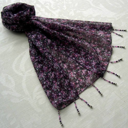 Foulard décoré de perles, écharpe légère, accessoires femme, rose violet, motif fleuri 099