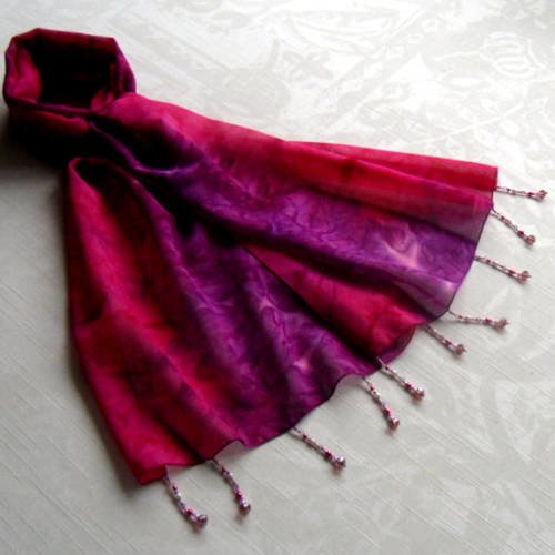 Foulard décoré de perles, écharpe légère, accessoires femme, cadeau, rose violet, motif abstrait 235