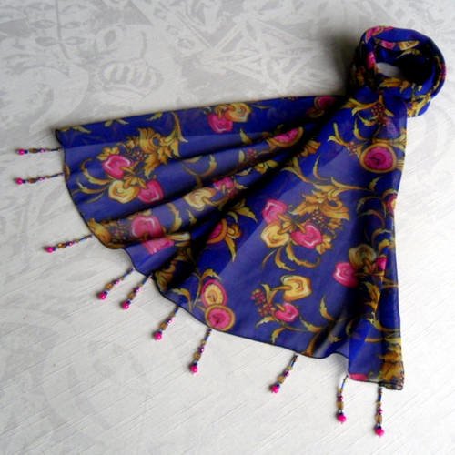 Foulard décoré de perles, écharpe légère, accessoires femme, bleu, jaune et rose, motif fleuri, 236