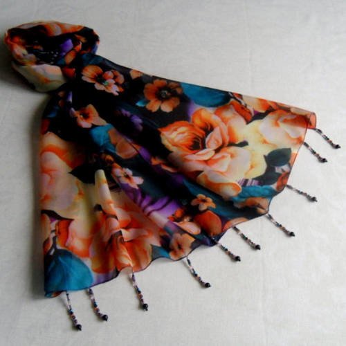 Foulard décoré de perles, écharpe légère, accessoires femme, orange, violet et noir, motif fleuri, 242