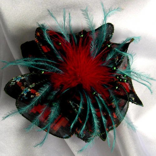 Barette fleur en tissu, plumes et perles,  accessoires coiffure, mariage, fête, noir, bleu et rouge, 234