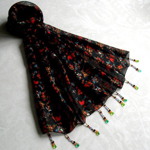 Foulard décoré de perles, écharpe légère,accessoires femme, noir, multicolore, motif fleuri ,234