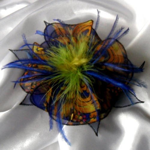 Barette fleur en tissu, organza, plumes et perles, personnalisée, accessoires coiffure, jaune, rose et bleue, 236
