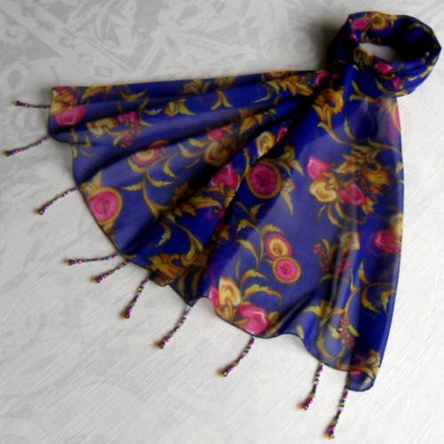 Foulard décoré de perles, écharpe légère, accessoires femme, bleu, jaune et rose, motif fleuri 236