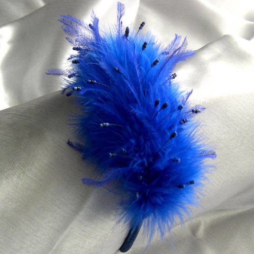 Serre-tête bleu saphir decorée de plumes set de perles, accessoires cheveux