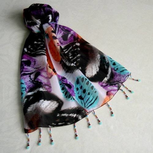 Foulard décoré de perles, écharpe légère,accessoires femme, violet et marron, motif ailes de papillon, 035