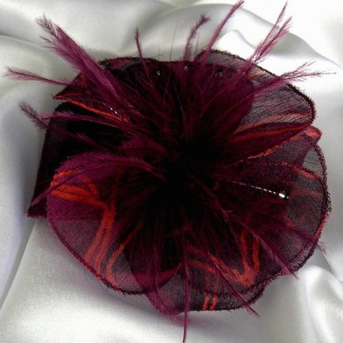 Barette fleur en tissu, plumes et perles, accessoires coiffure, mariage, rouge et  bordeaux, 104