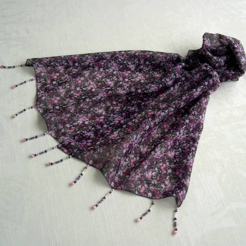 Foulard décoré de perles, écharpe légère, foulard bijou, écharpe d'été, cadeau femme, rose violet, motif fleuri 099