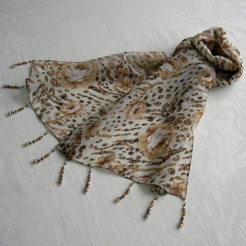 Foulard décoré de perles, écharpe légère, accessoires femme, beige et blanc, motif fleurs, 094