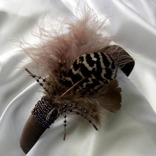 Serre-tête marron décoré de plumes et de perles, accessoires femme,coiffure