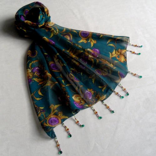 Foulard décoré de perles, écharpe légère, accessoires femme, vert, jaune et violet, motif fleuri ,240