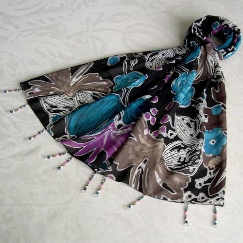Foulard décoré de perles, écharpe légère, accessoires femme, marron, bleu et rose, motif fleurs, 227