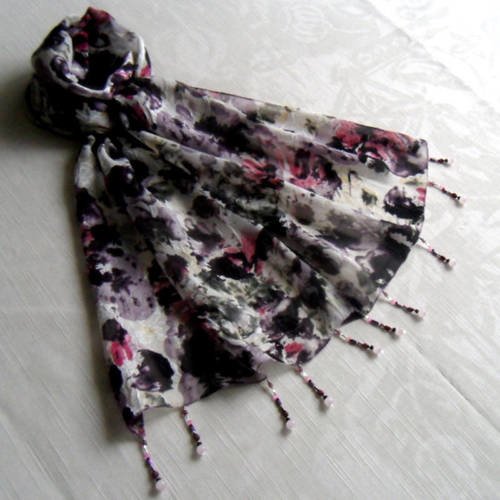 Foulard décoré de perles, écharpe légère, accessoires femme, rose, violet, noir et blanc, motif abstrait, 239
