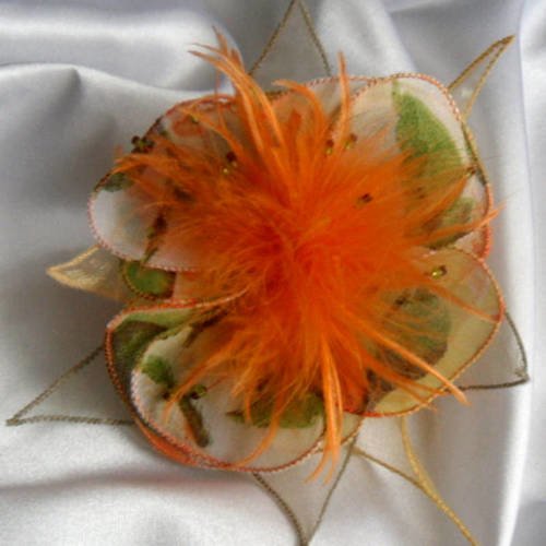 Broche fleur en tissu, organza, plumes et perles, accessoires femme, orange vert, 238