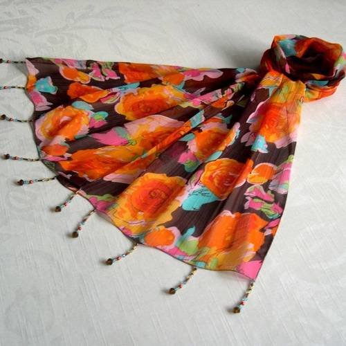 Foulard décoré de perles, écharpe légère, accessoires femme, orange et marron,  motif fleuri, 096
