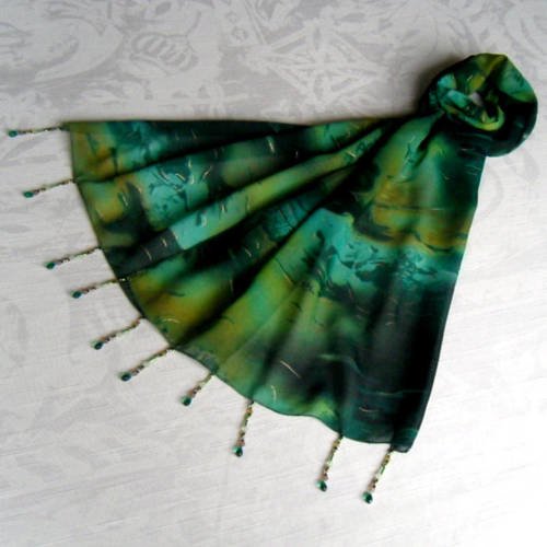 Foulard décoré de perles, écharpe légère, accessoires femme, vert et noir, motif abstrait ,237