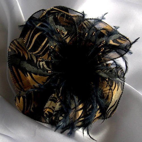 Barette fleur en tissu, plumes et perles, accessoires coiffure, mariage, noir et jaune, 233