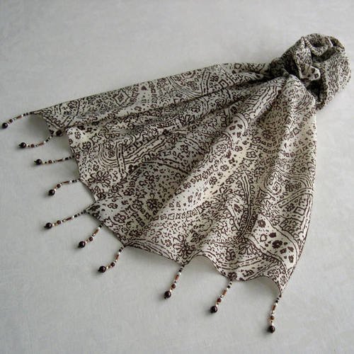 Foulard décoré de perles, écharpe légère, accessoires femme, marron et blanc, motif discret,  089