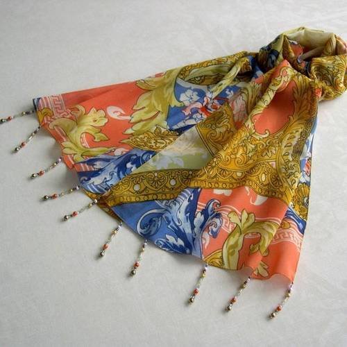 Foulard décoré de perles, écharpe légère, accessoires femme, jaune, orange et bleu, motif baroque, 090