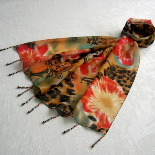 Foulard décoré de perles, écharpe légère, accessoires femme, rouge, orange et marron, motif  fleuri, 100