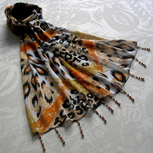 Foulard décoré de perles, écharpe légère, accessoires femme, orange, noir et blanc, motif africain, 098